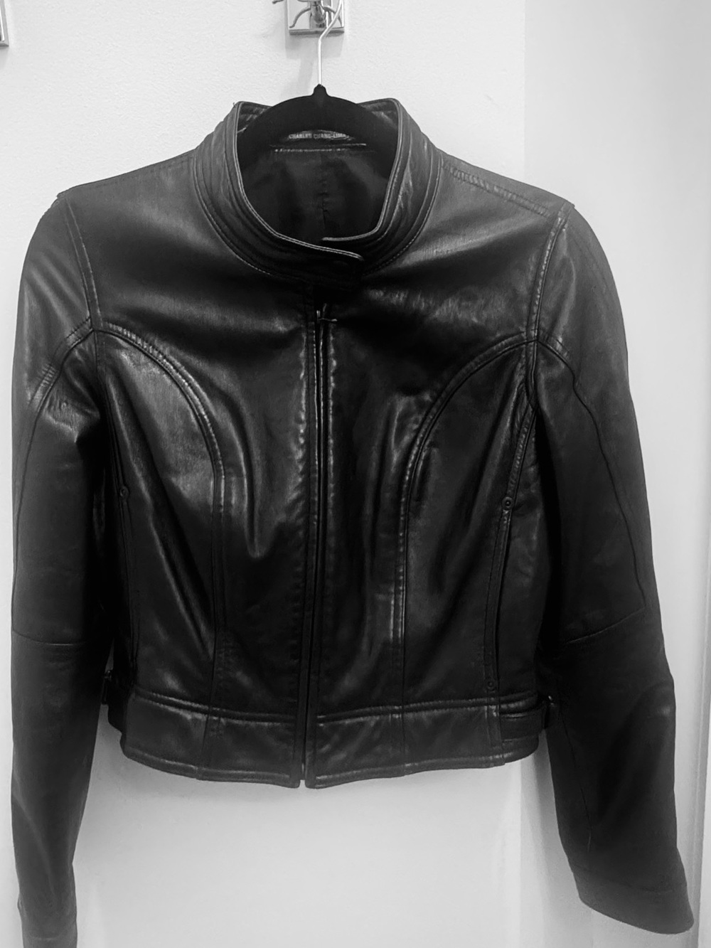 Fitted Black Leather Jacket with Stand Collar